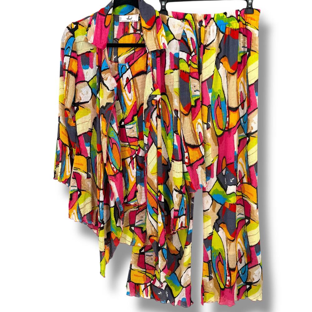 Rossi Roma Vtg Y2K 3pc Outfit Jacket Pants Set Sz Medium Artsy Lagenlook Crinkle